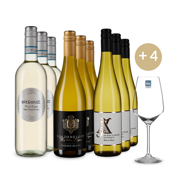 Goldene Weißwein-Stars im 3x3-Paket + 4 Weingläser – Gold